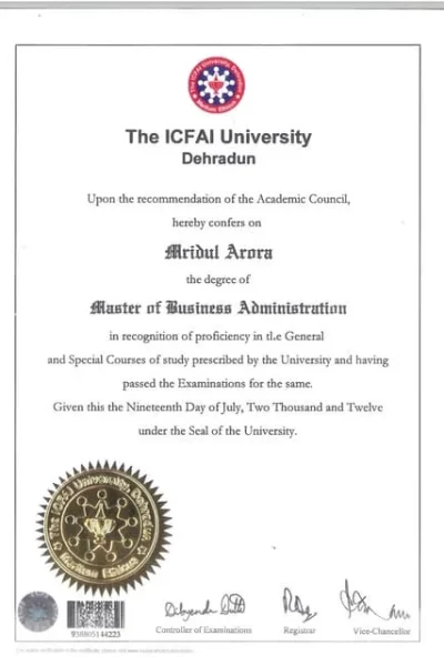 ICFAI Online MBA Degree Certificate​