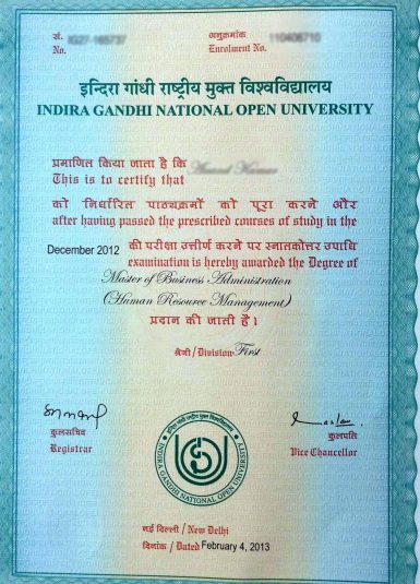 IGNOU Distance MBA Degree Certificate