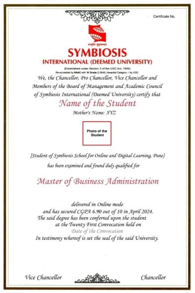 Symbiosis Distance MBA Degree Certificate